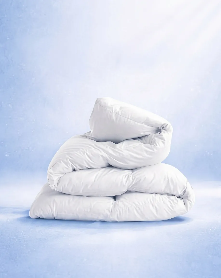 Freshly washed fluffy white comforters stacked and clean