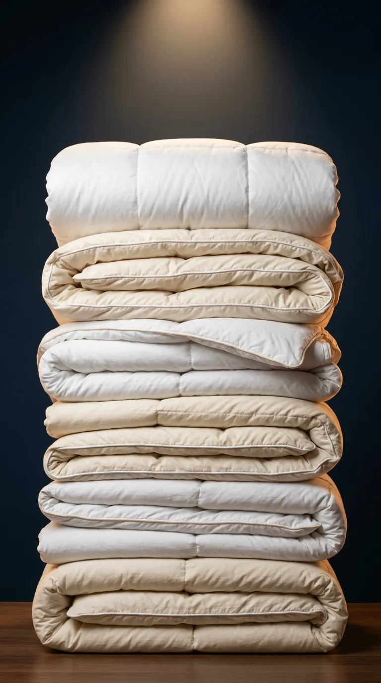 Freshly cleaned fluffy comforters stacked under a warm spotlight