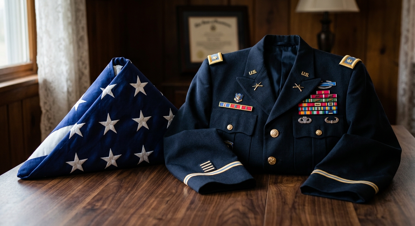 Ceremonially folded American flag beside a pressed dress uniform