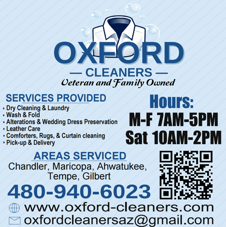 Oxford Cleaners business card — services, hours and contact details